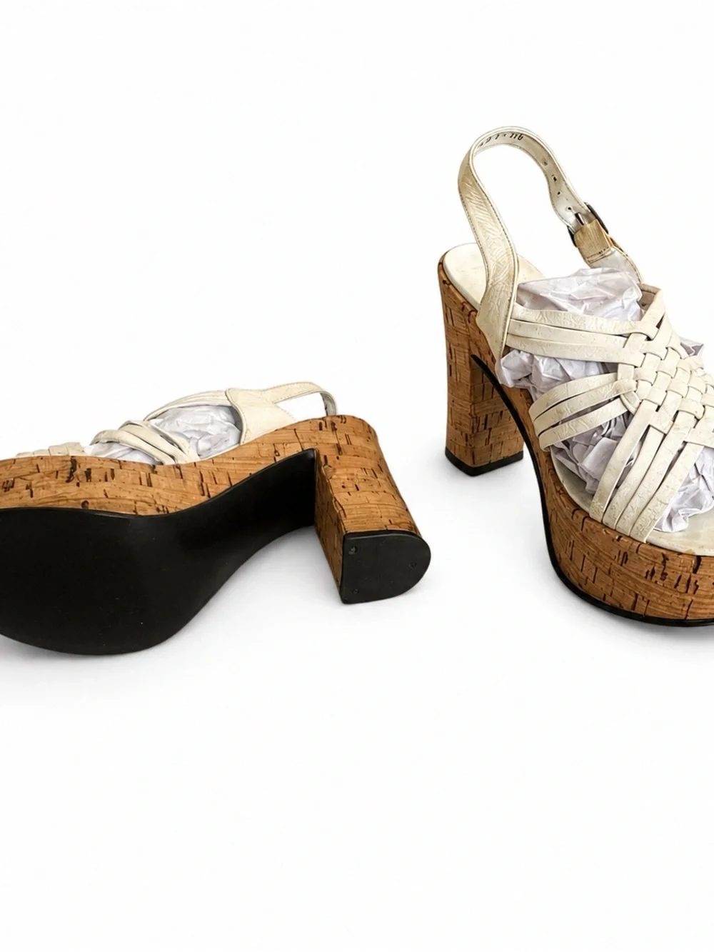 Vintage 70’s Woven White Leather Platform Sandals with Cork Heel